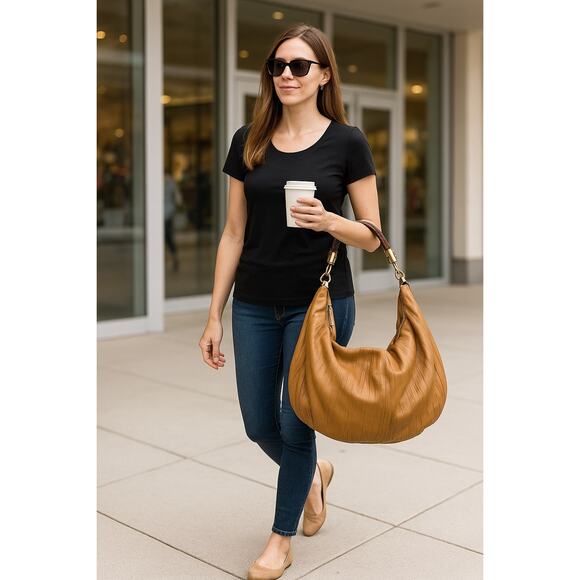 Michael Kors Women's Skorpios Crescent Hobo Tan Leather Handbag Braided Handle - Picture 1 of 11